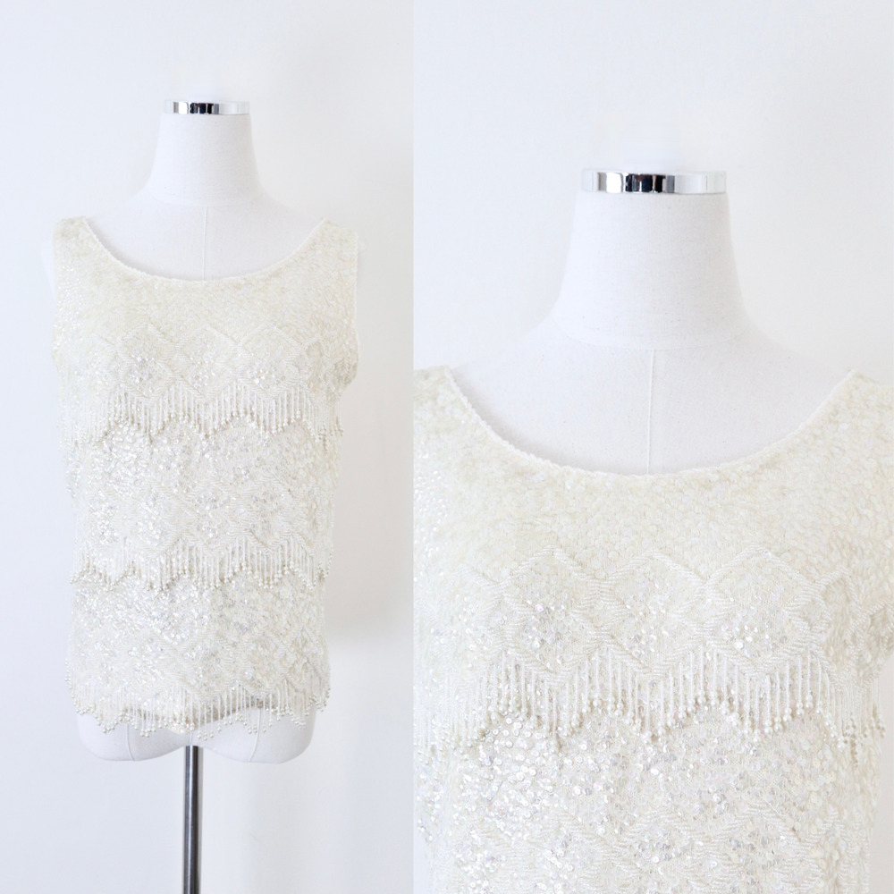 Vintage 1960s Mai Ling Beaded Shell Top Made In Hong Kong Sleeveless Cream - Picture 1 of 12